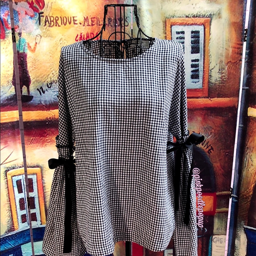 RD Style B&W Checked Shirt W/ Long Flared Sleeves - Picture 6 of 7